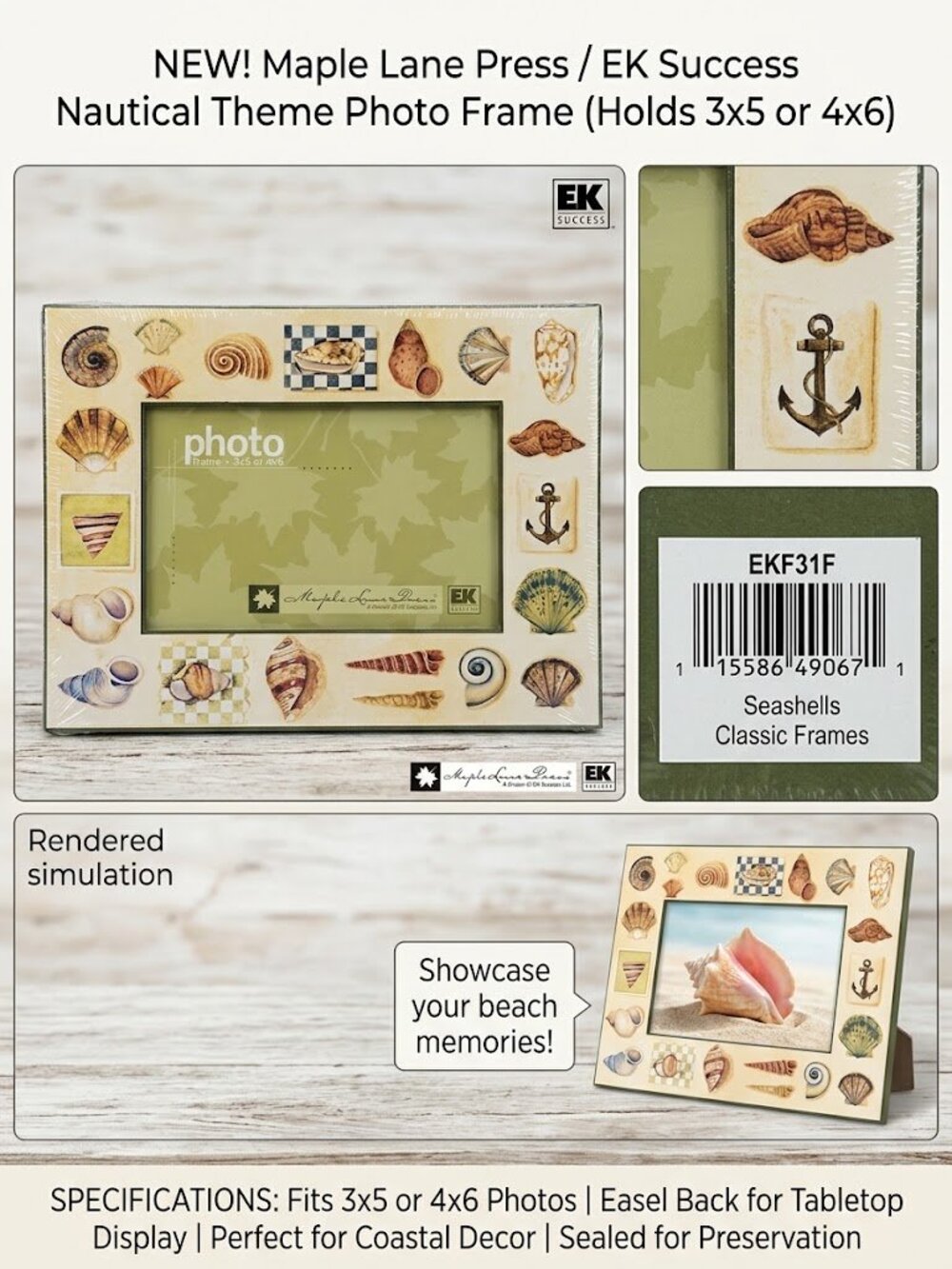 Maple Lane Press Seashell Photo Frame for 3x5 picture-Coastal Beach Nautical
